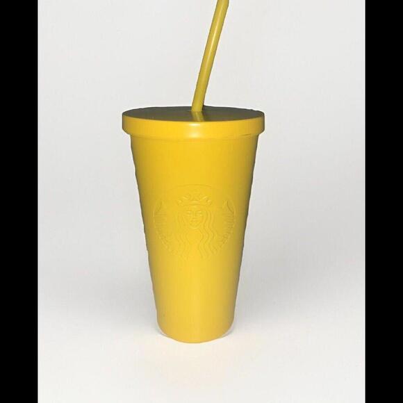 New Starbucks Yellow Stainless Steel Cold Cup 16 oz Straw Embossed Logo Grande - Picture 3 of 12